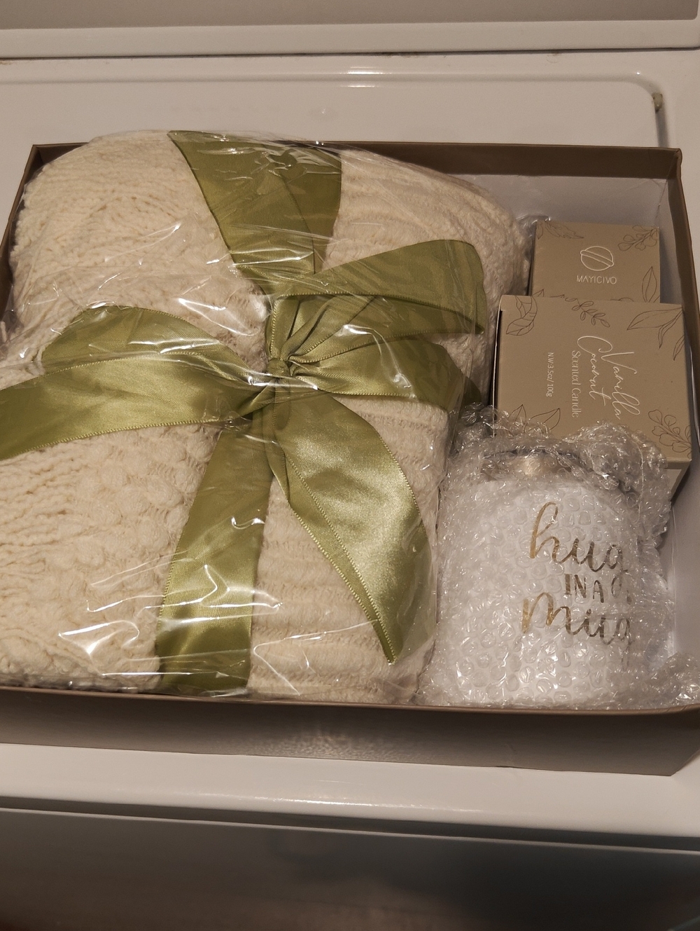 Care Box, Blanket,  White Mug with Gold Script "Hug in a Mug"